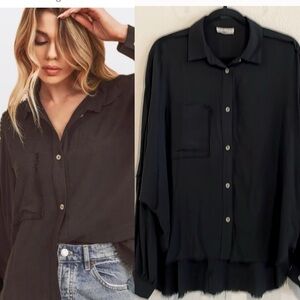 Aemi & Co Women’s Button Front Shirt Medium Black Oversized Cotton High Low Hem
